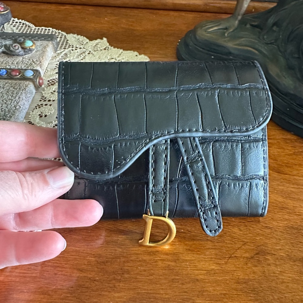 Black Croc-Embossed Wallet with Gold Accent